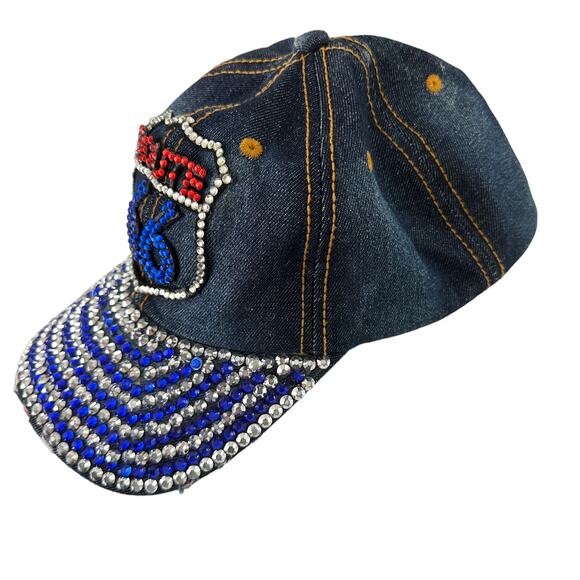 Route 66 Denim with Rhinestones Baseball Cap Retro Y2K USA American Flag - Picture 3 of 4